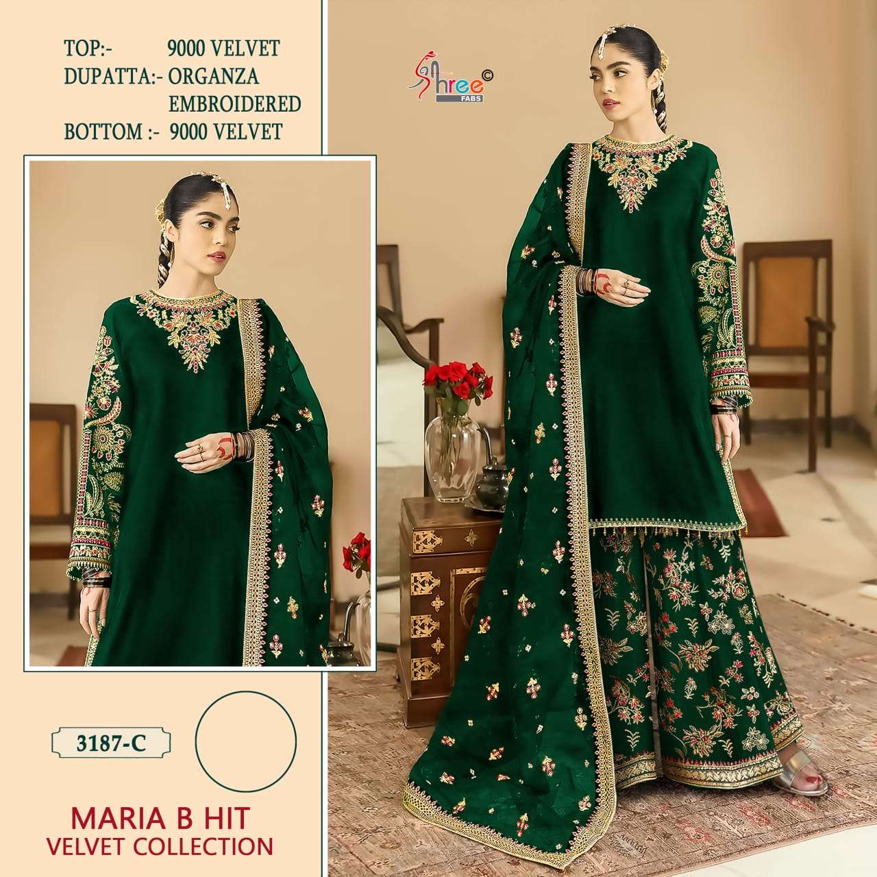 Shree Fabs Maria B Hit Velvet Collection 3187 Colors Pakistani Designer Suit Collection view 4