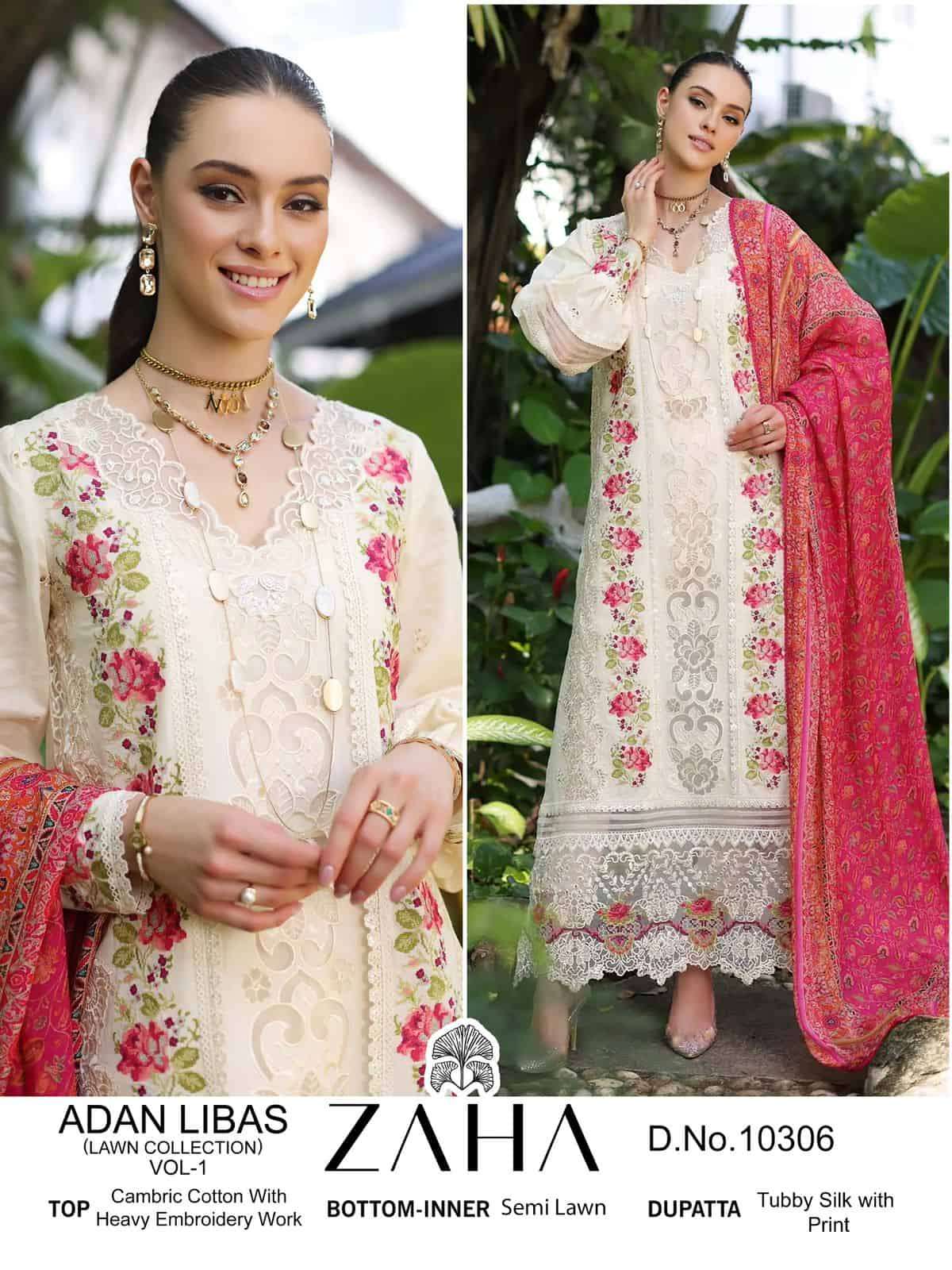 Zaha Adan Libas Lawn Collection Vol 1 Festive Wear Style Embroidered Cotton Suit Wholesalers view 2