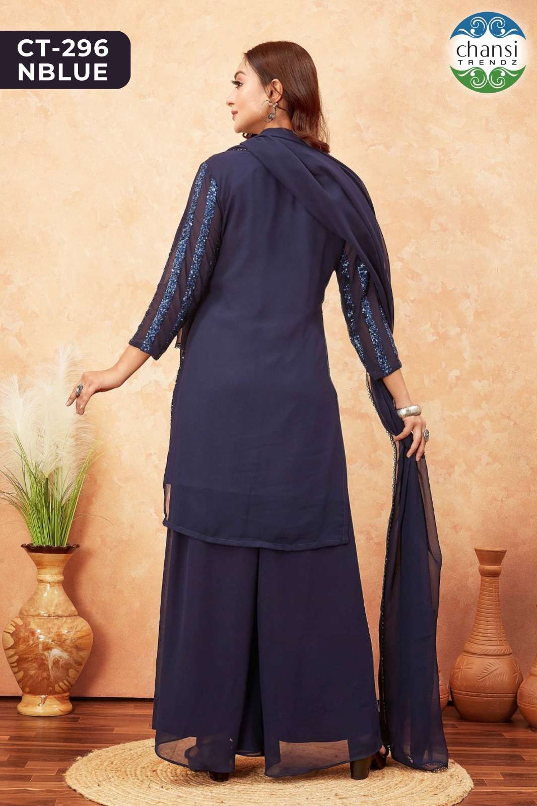 Chansi Trendz Ct 296 Nblue Fancy Georgette 3 Piece Palazzo Suit Collection view 5