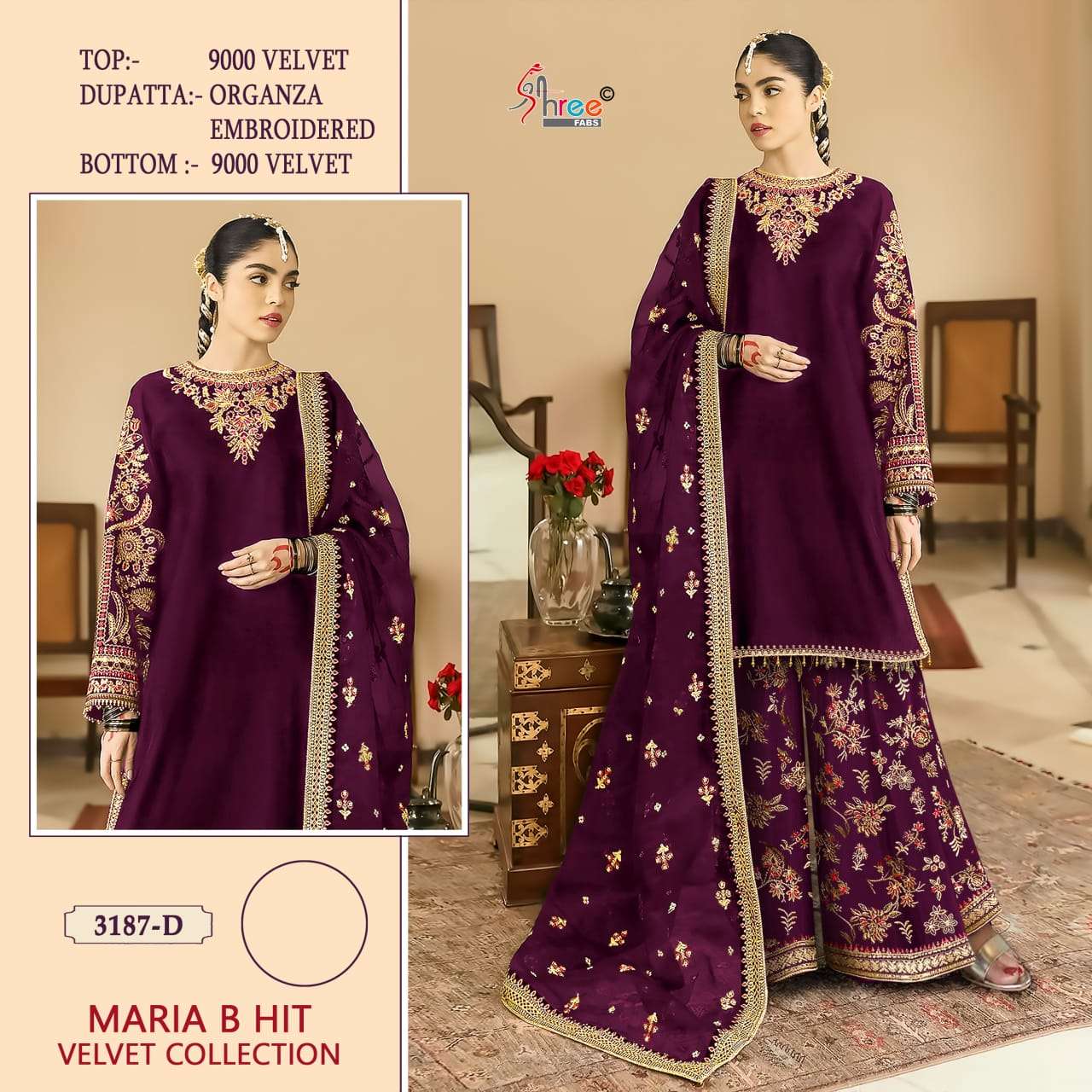 Shree Fabs Maria B Hit Velvet Collection 3187 Colors Pakistani Designer Suit Collection view 3